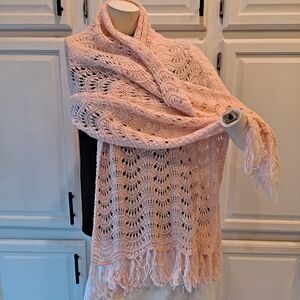 Artisan Soft Pink Lace Knit Shawl Wrap Lightweight With Fringe